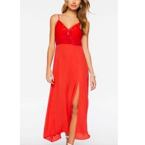 Forever 21 Floral Lace Slit Midi Dress Red Size Small